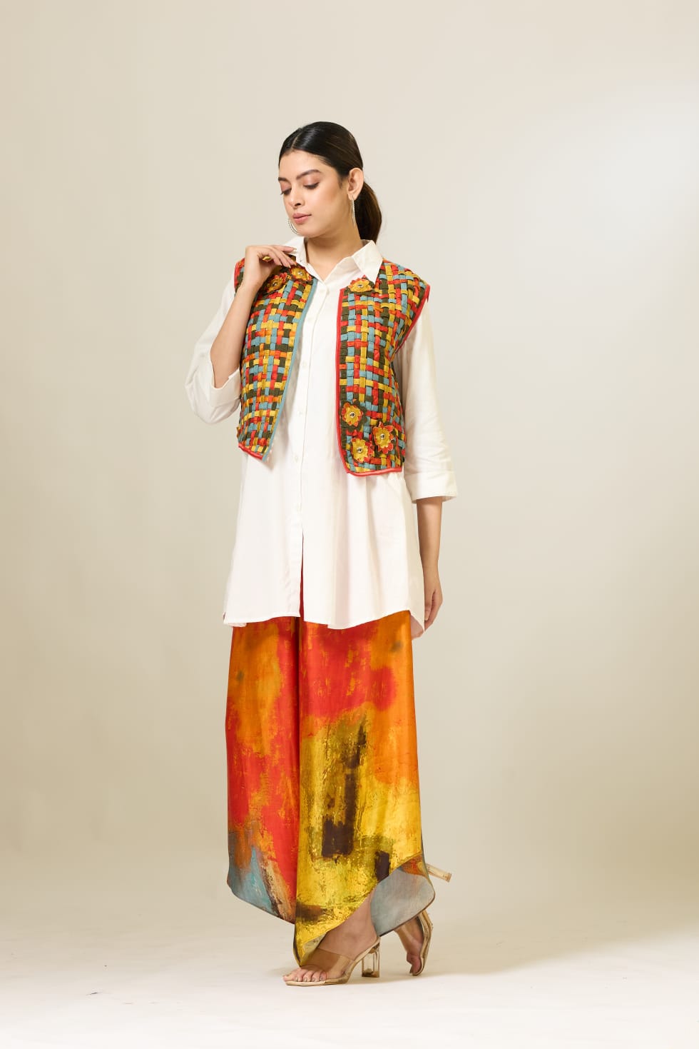 Woven Patti Jacket with Shirt and Palazzo Pants