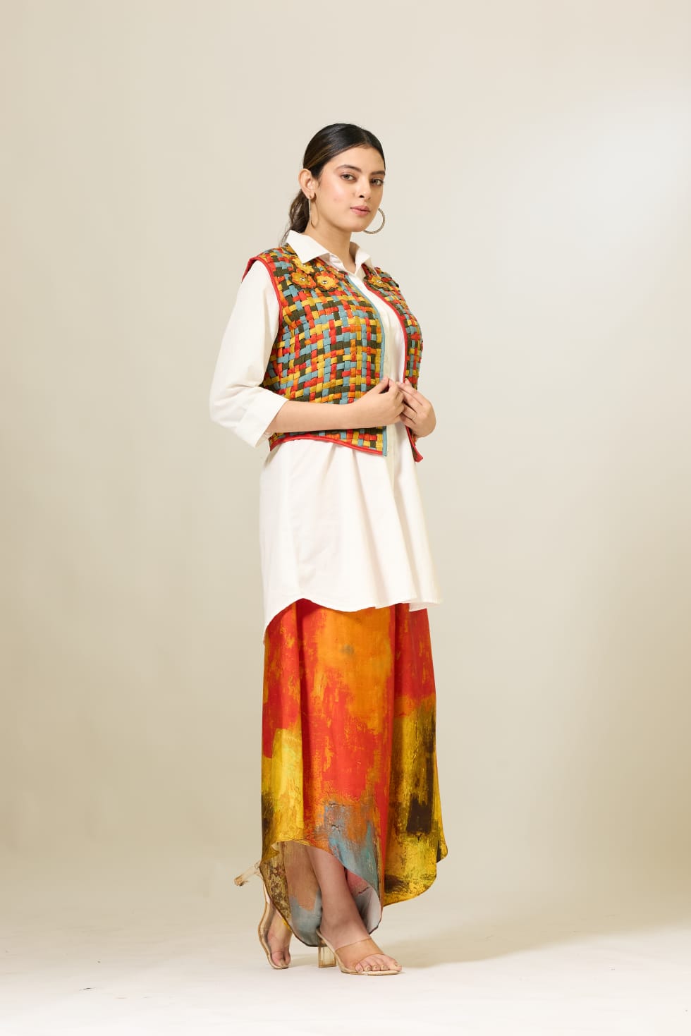 Woven Patti Jacket with Shirt and Palazzo Pants