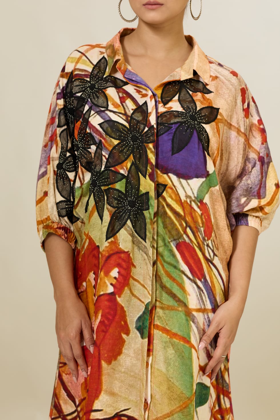 Linen Satin Applique Printed Dress