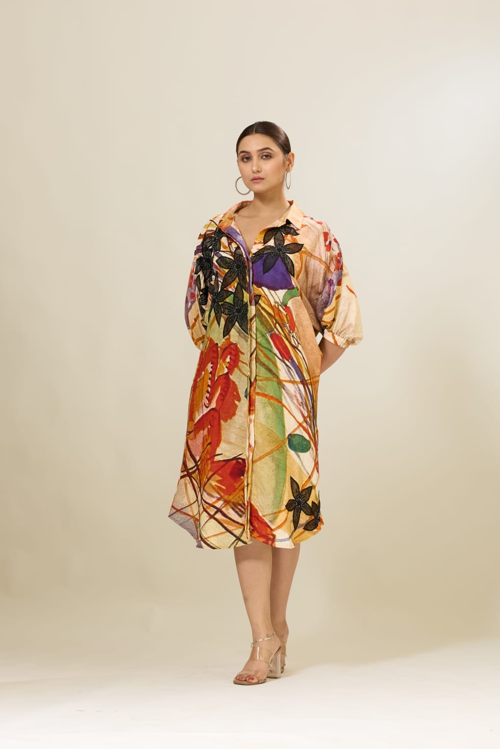 Linen Satin Applique Printed Dress