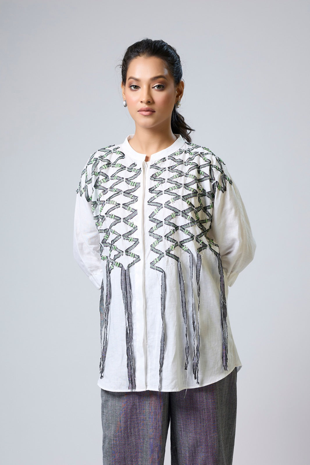 White Linen Shirt With Zigzag Demim Design With Green Thread Detailing