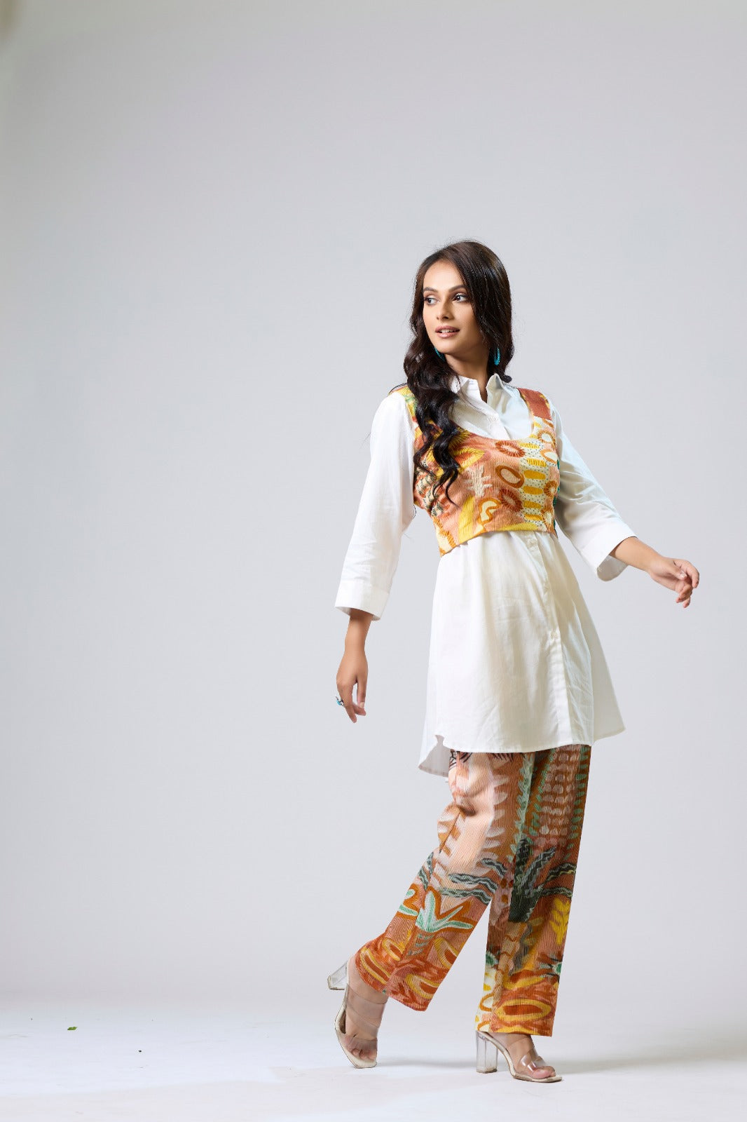 White Shirt With Shrug And Printed Pants