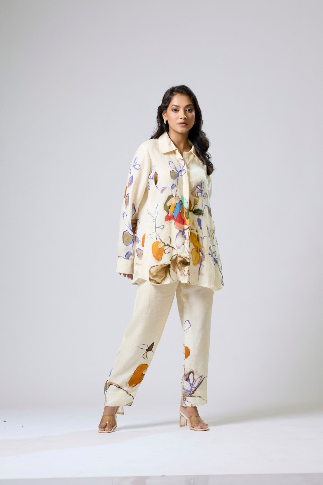 Printed Linen Coord With Net Detailing