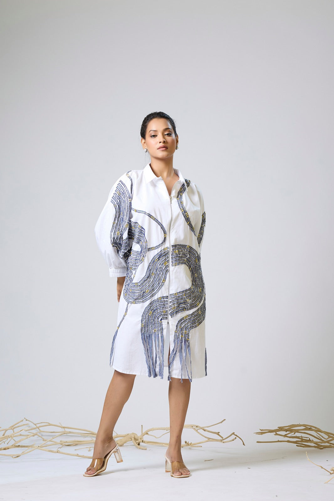 Cotton Linen Dress With Denim And Metal Detailing