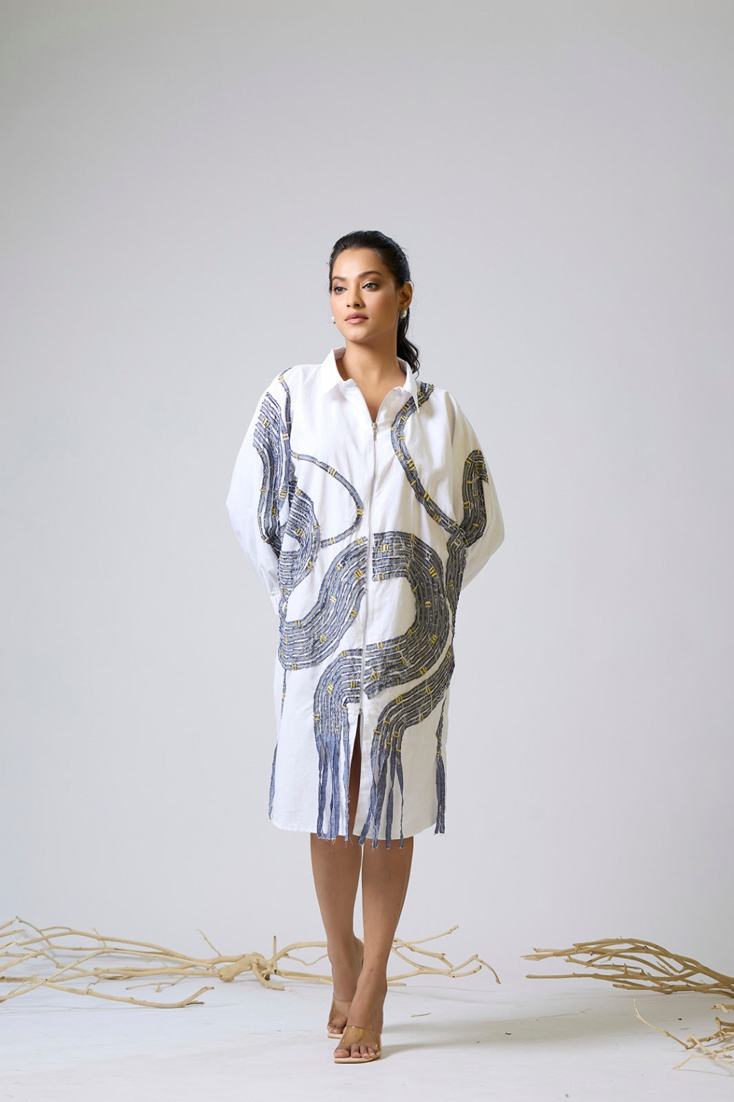 Cotton Linen Dress With Denim And Metal Detailing