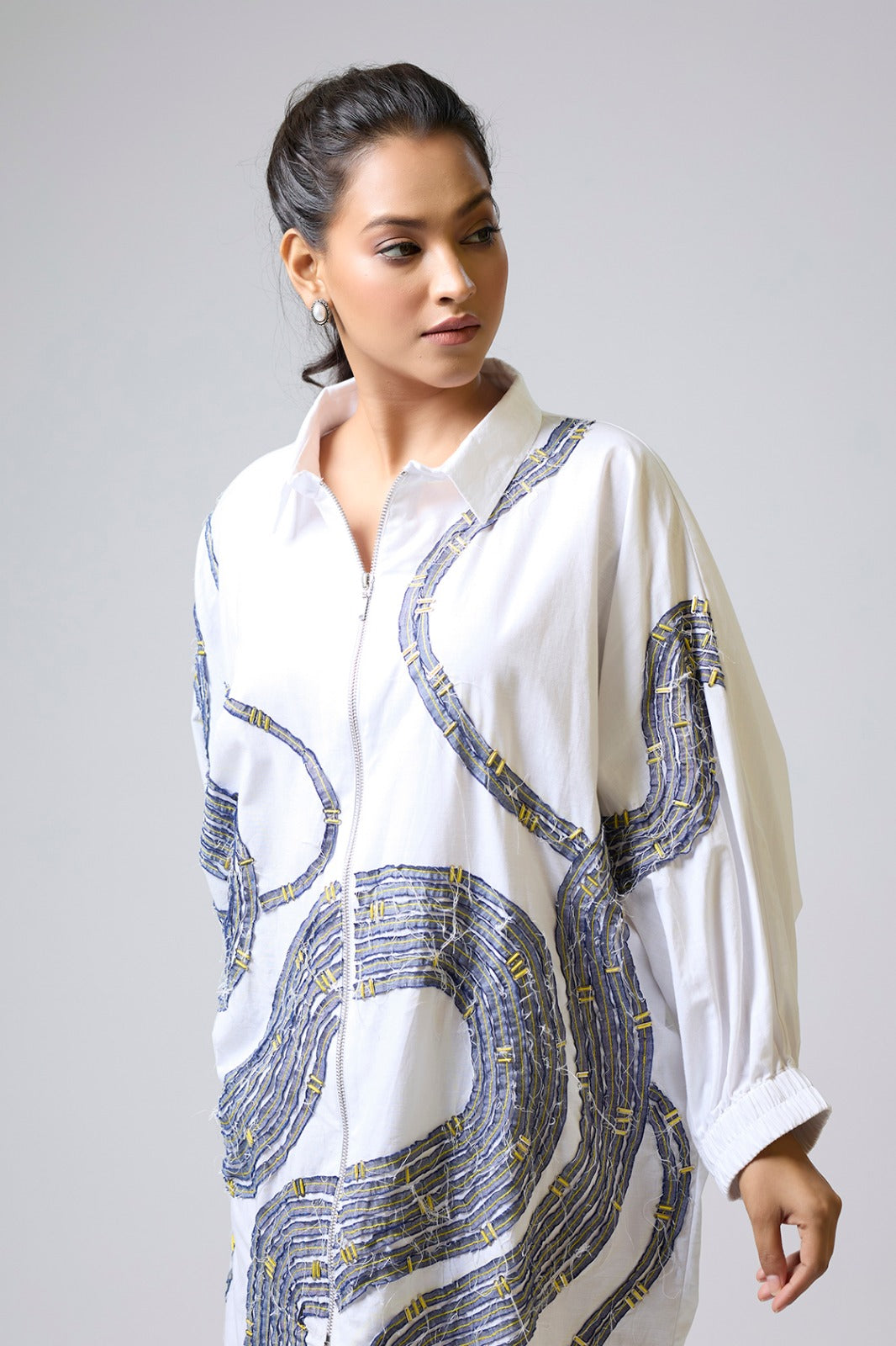 Cotton Linen Dress With Denim And Metal Detailing