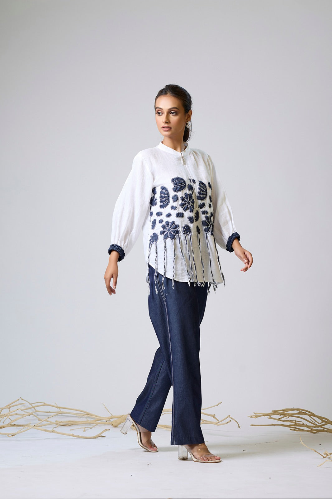 White Shirt With Denim Applique And Denim Pants