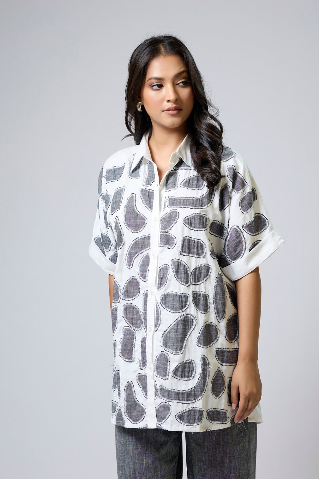 White Cotton Appliqued Top With Denim Pants