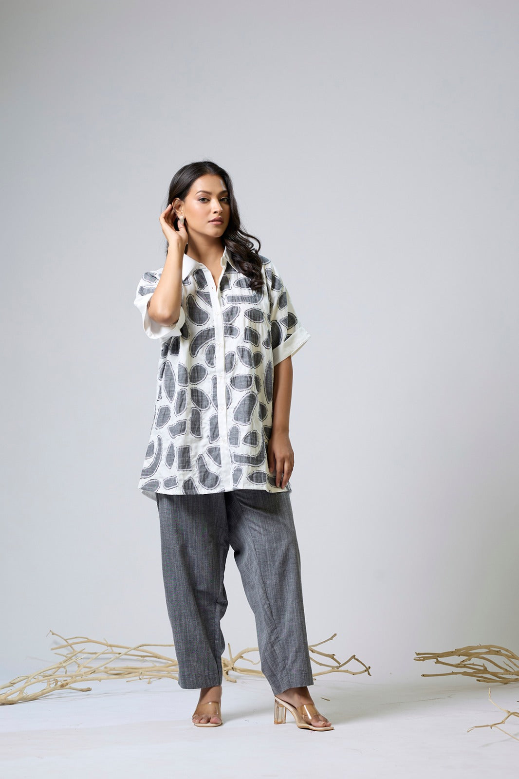 White Cotton Appliqued Top With Denim Pants