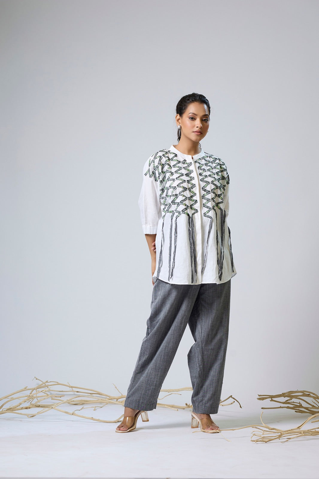 White Linen Shirt With Zigzag Demim Design With Green Thread Detailing