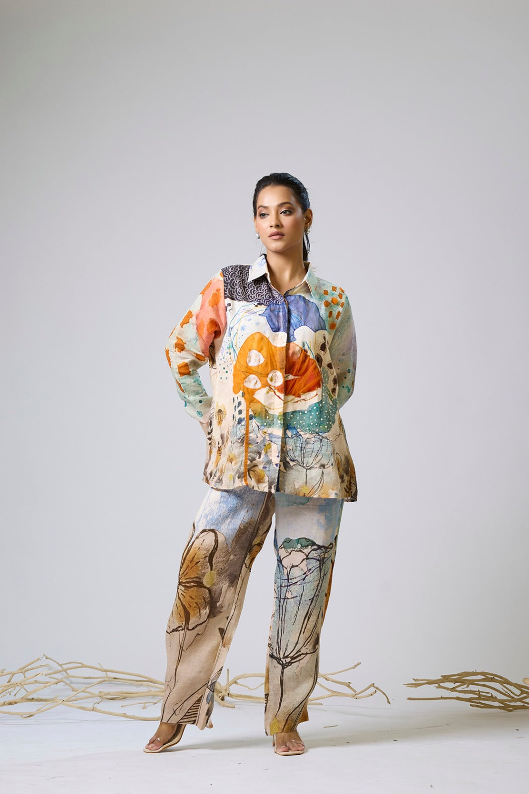 Printed Linen Coord With Sequence And Net Detailing