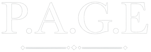 A minimalist white square graphic featuring the outline text 'P.A.G.E' centered on a solid white background.