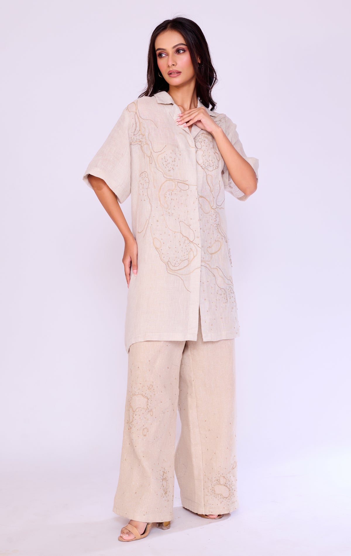 Gold Embroidered Tunic & Wide-Leg Trouser Set