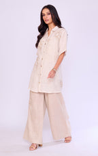 Ivory Embroidered Linen Shirt & Palazzo Set