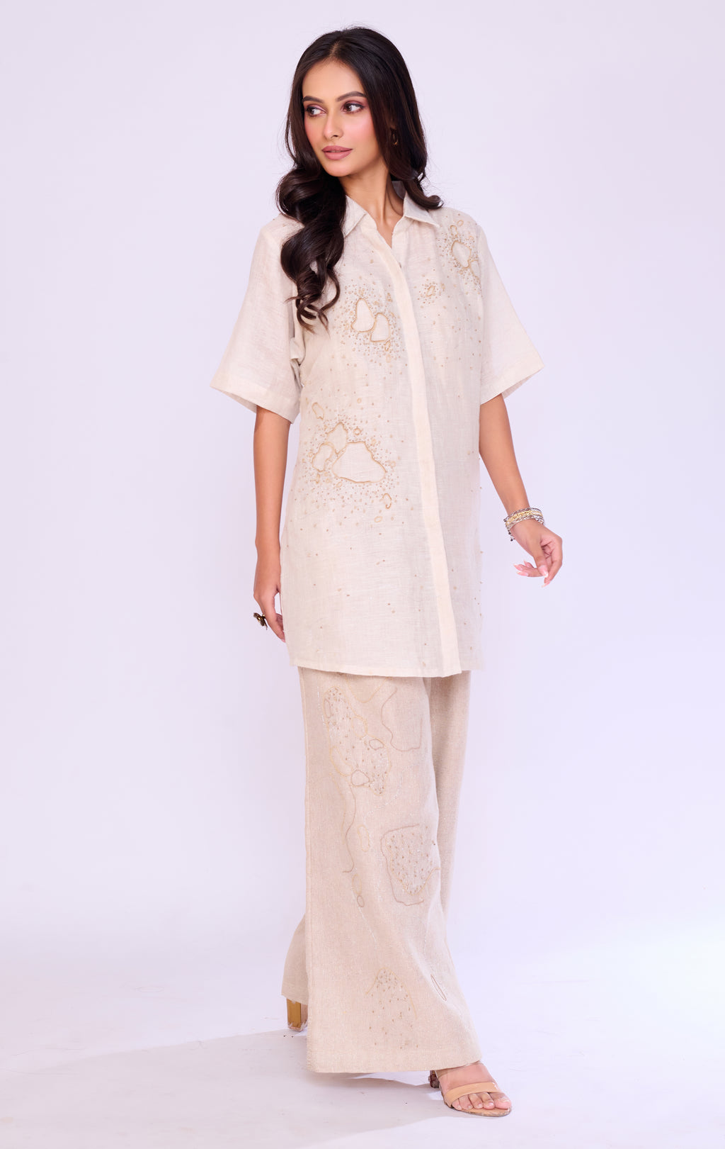 Ivory Embroidered Linen Shirt & Palazzo Set