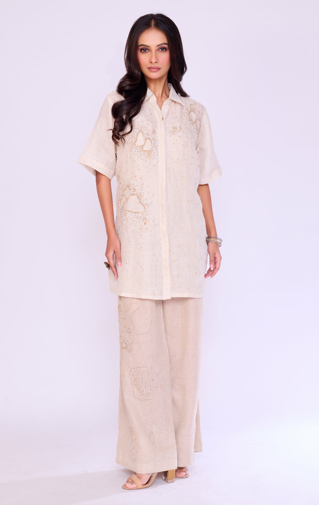 Ivory Embroidered Linen Shirt & Palazzo Set