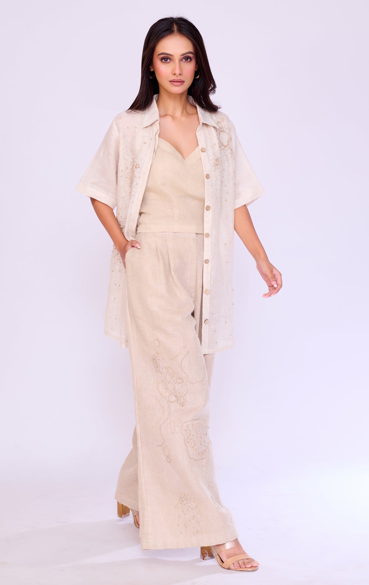 Ivory Embroidered Linen Shirt & Palazzo Set