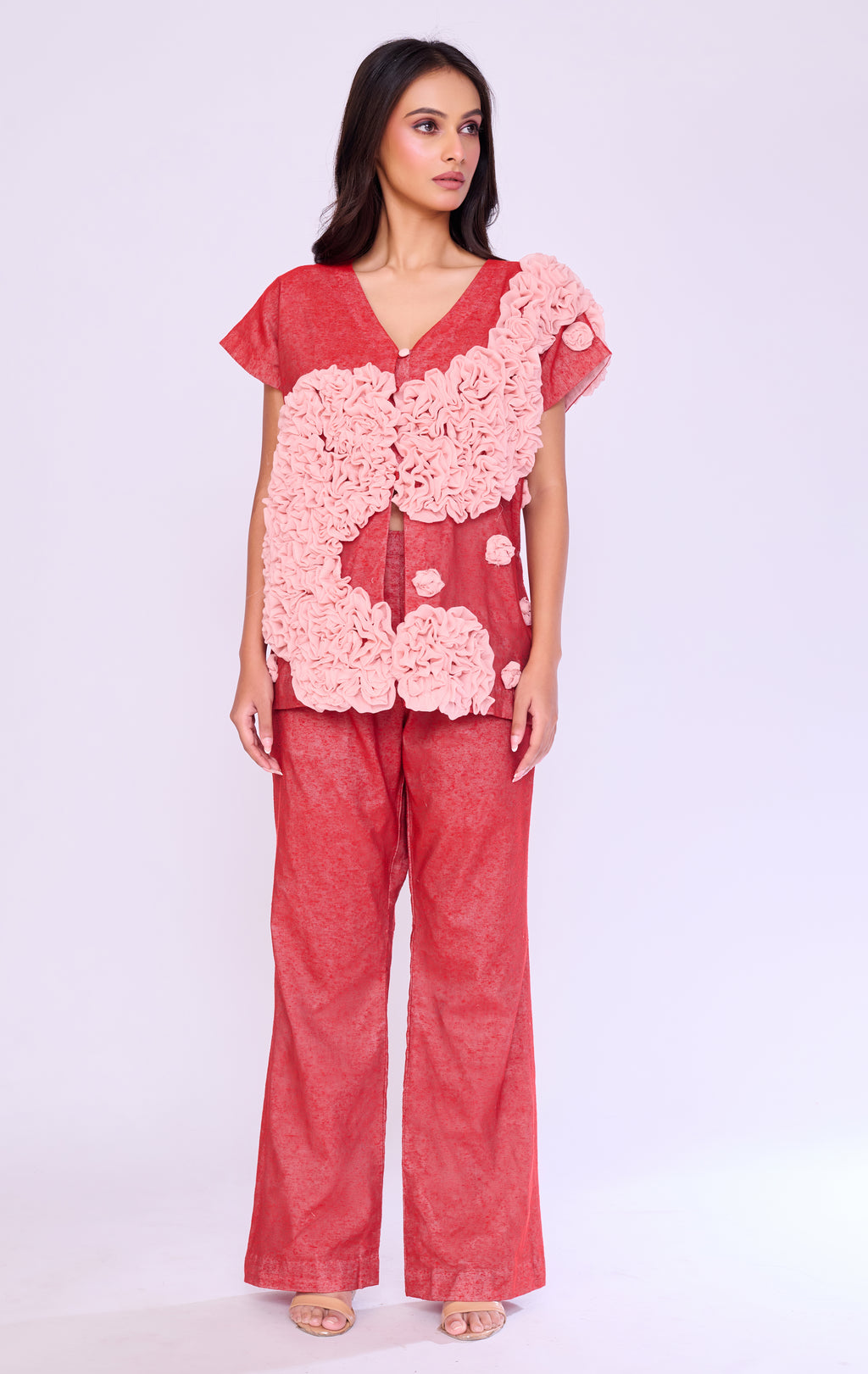 Coral Ruffle-Floral Co-ord Set
