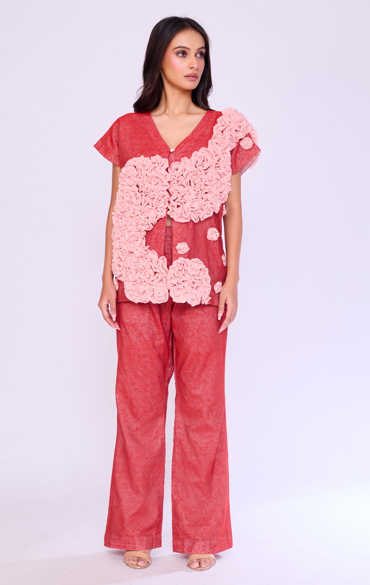 Coral Ruffle-Floral Co-ord Set