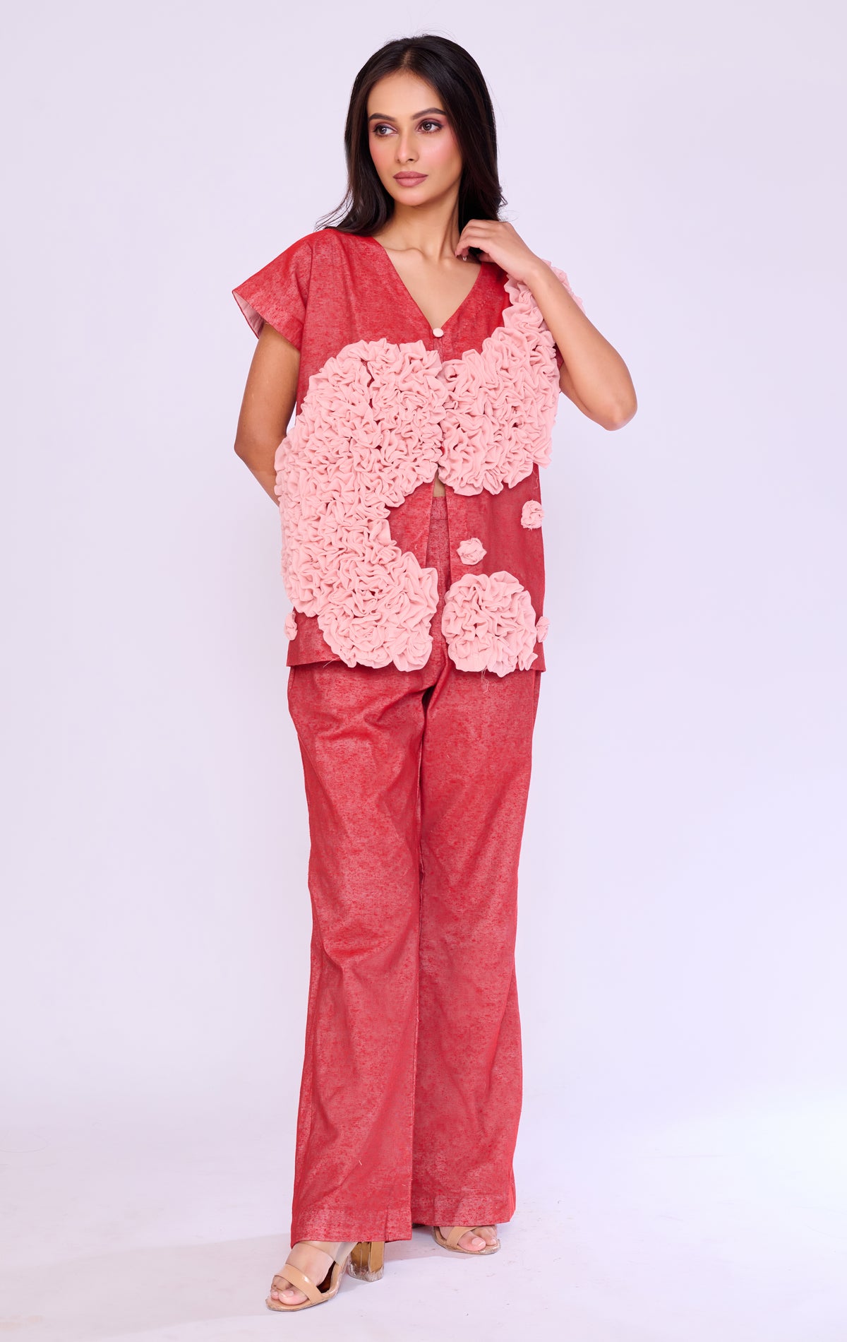 Coral Ruffle-Floral Co-ord Set