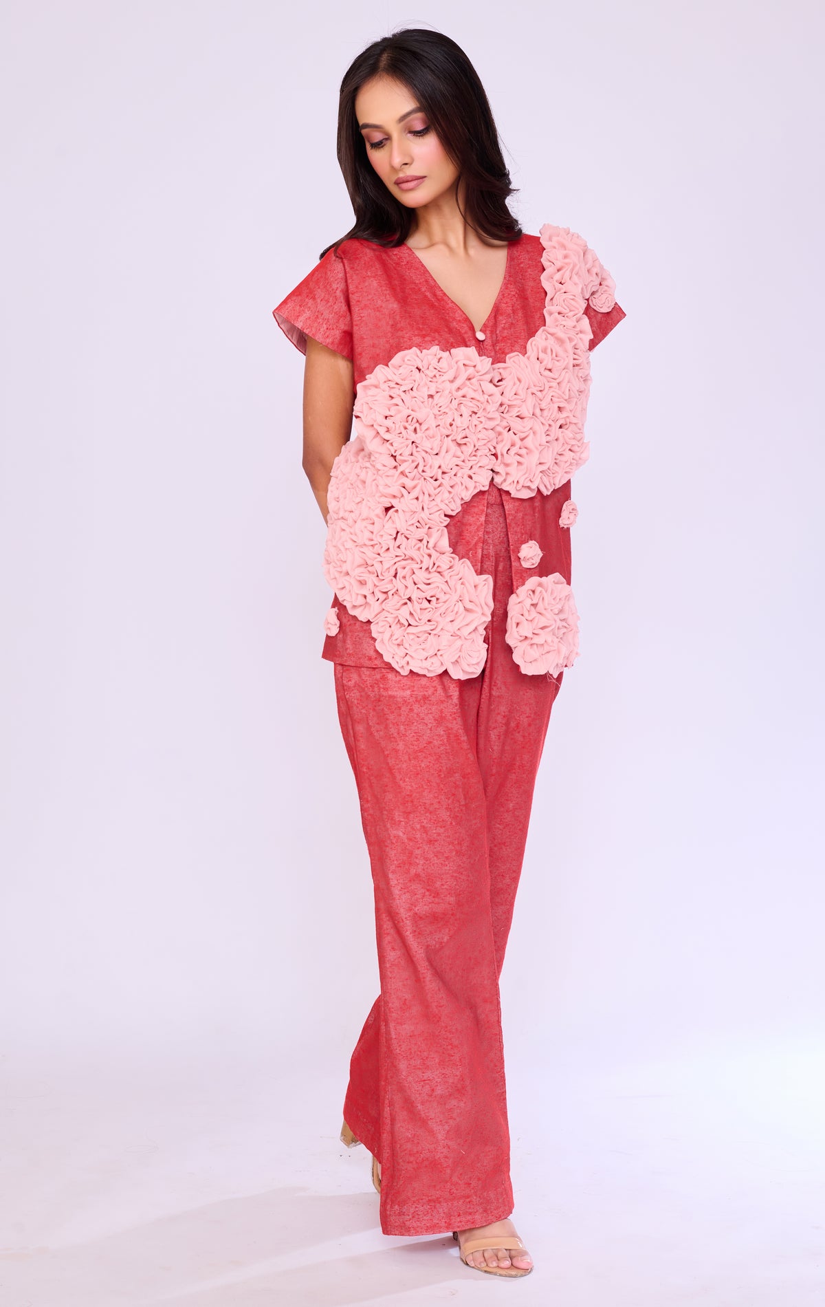 Coral Ruffle-Floral Co-ord Set