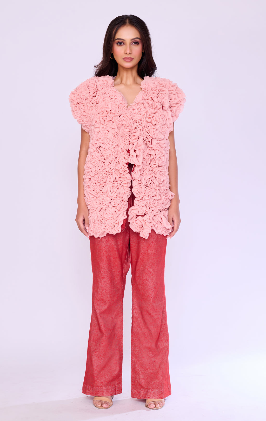 Dusty Pink Ruffle Top & Coral Trouser Set