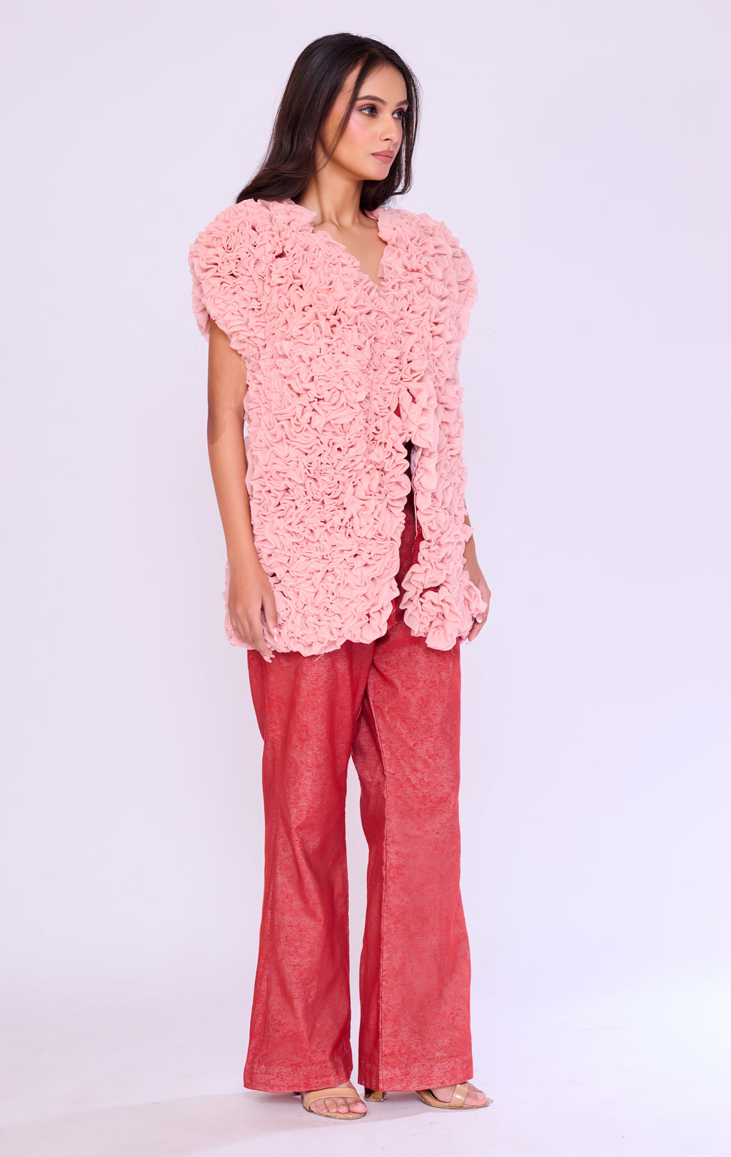 Dusty Pink Ruffle Top & Coral Trouser Set