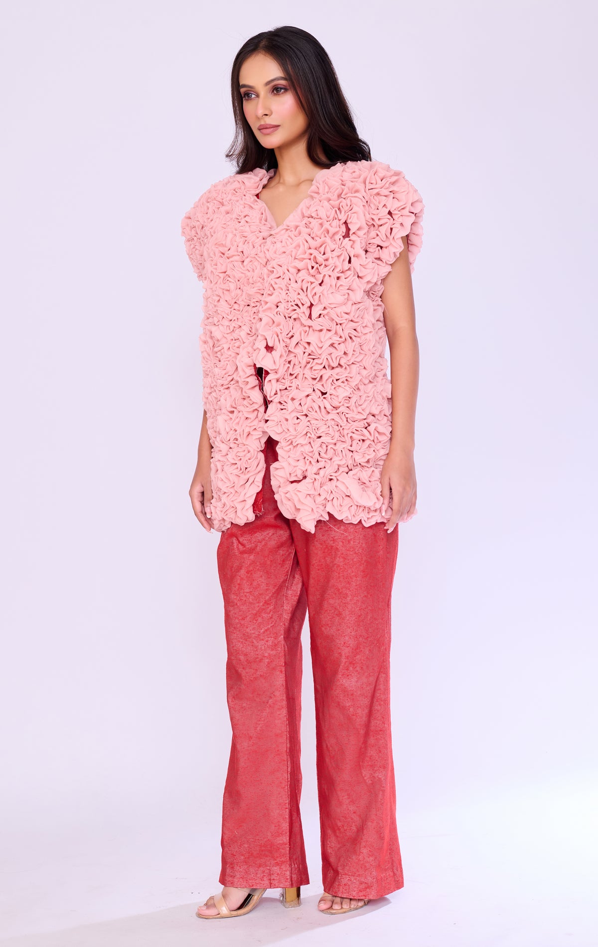 Dusty Pink Ruffle Top & Coral Trouser Set
