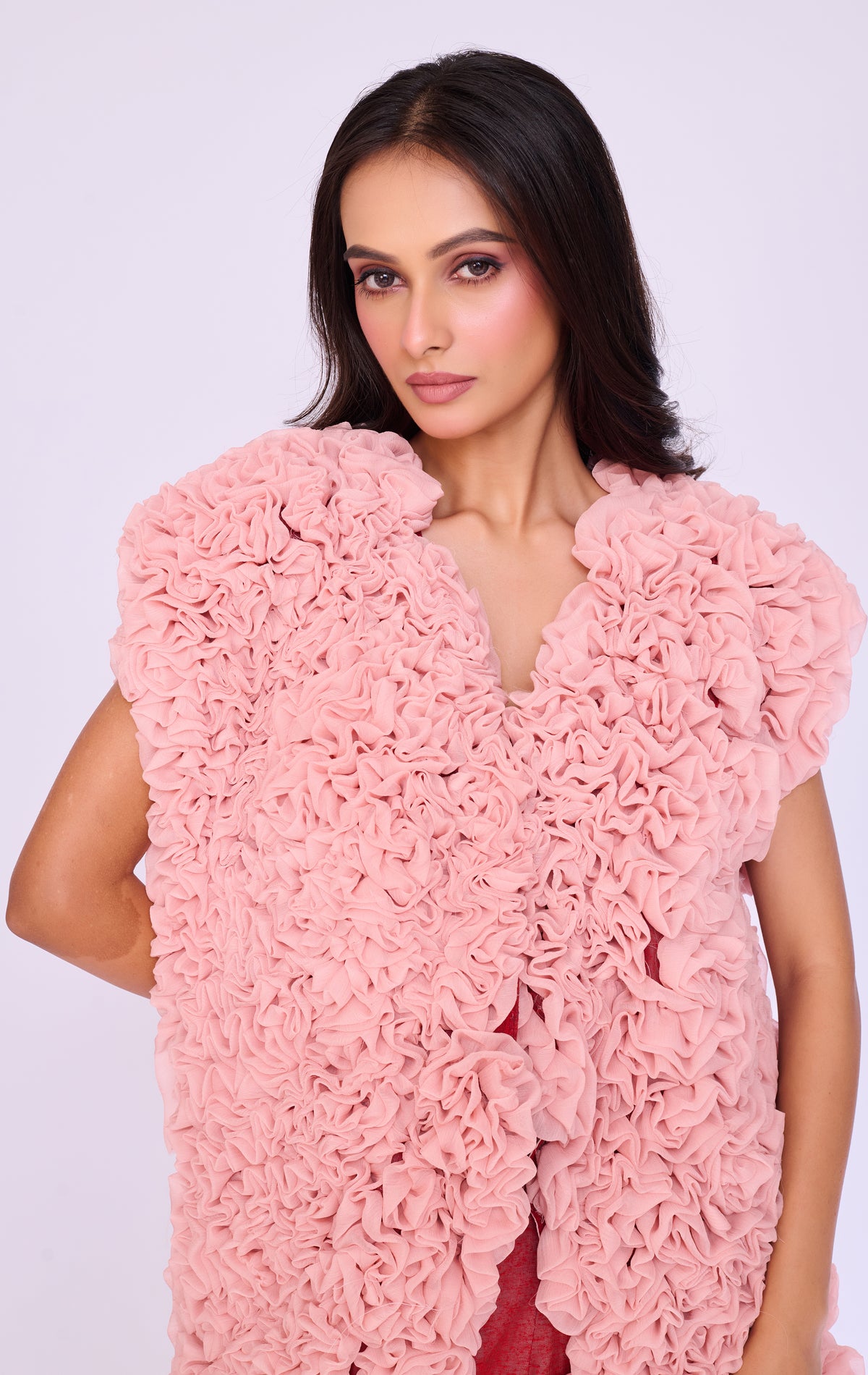Dusty Pink Ruffle Top & Coral Trouser Set