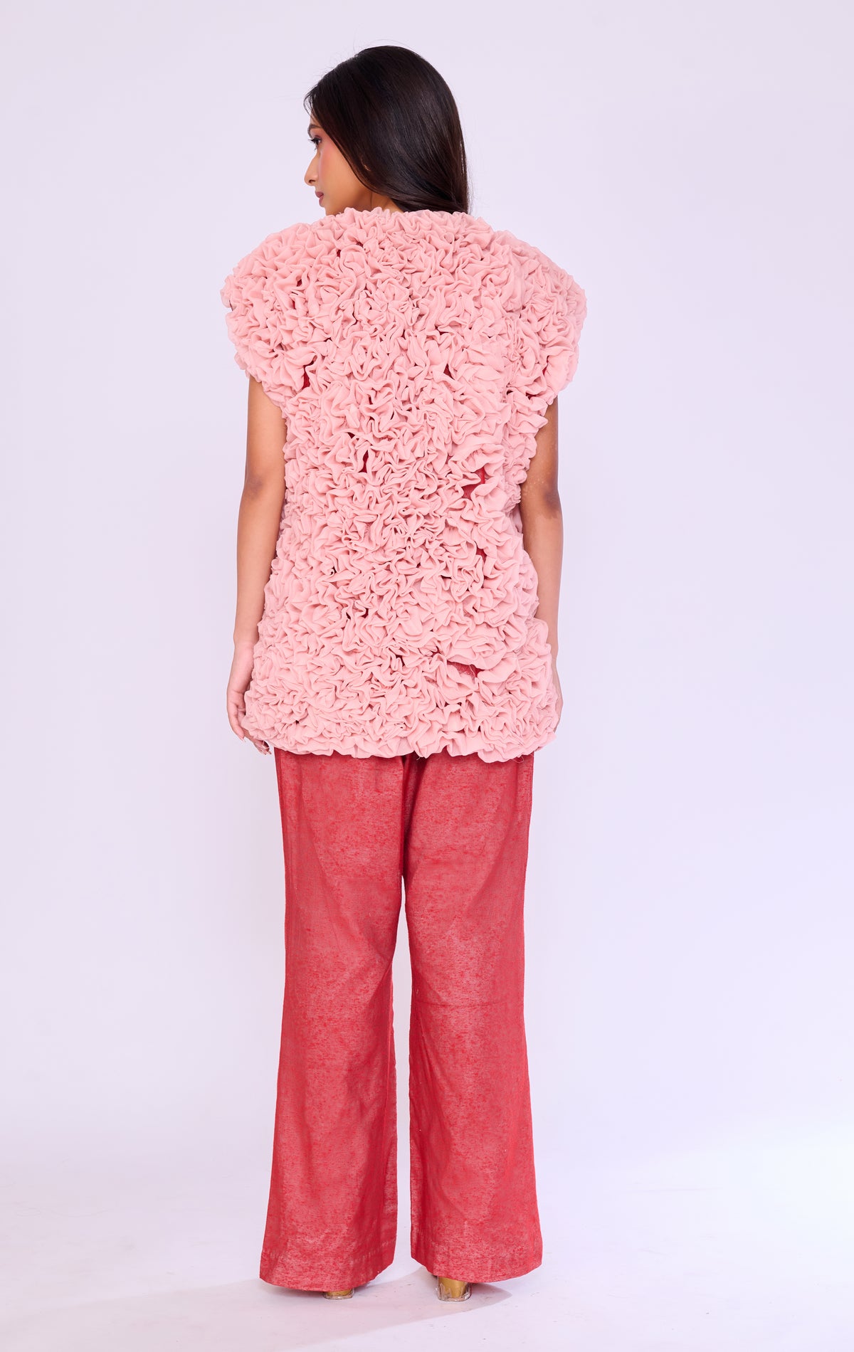 Dusty Pink Ruffle Top & Coral Trouser Set