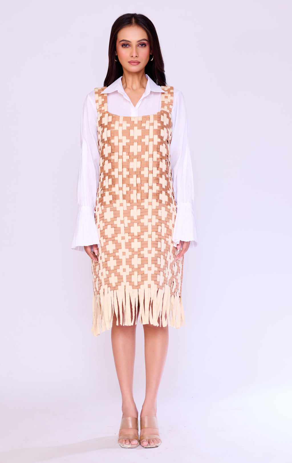 Fringed Basket-Weave Pinafore & Shirt Set