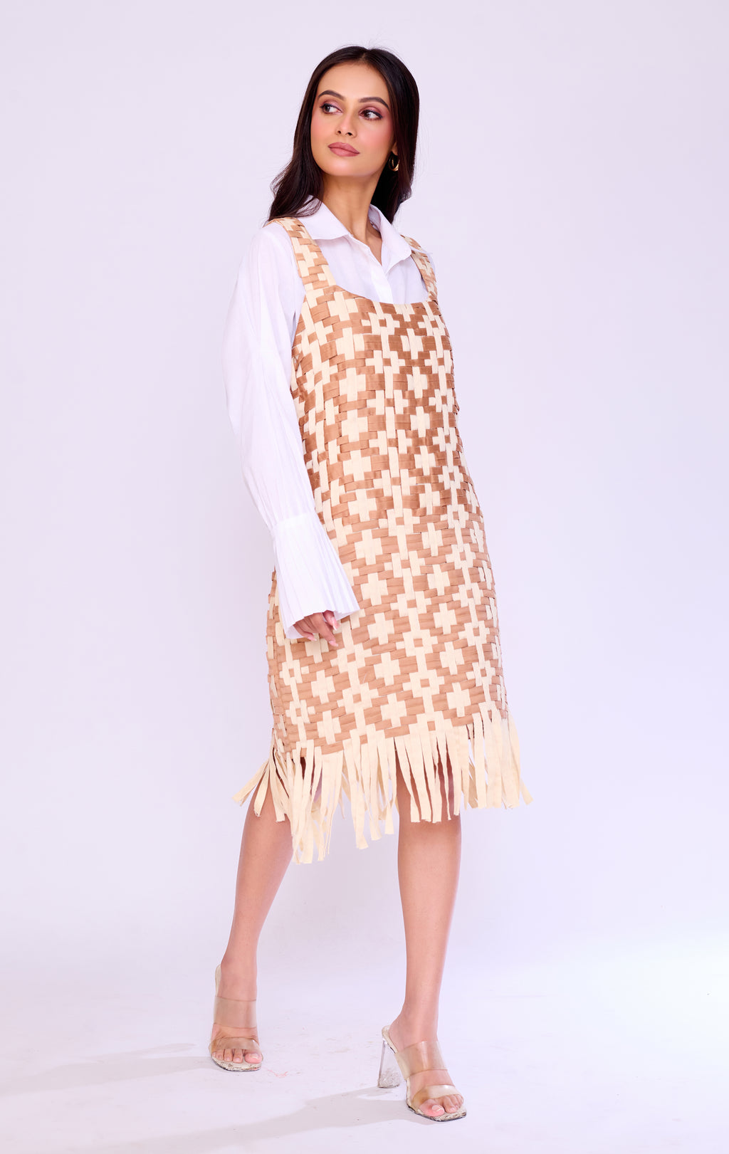 Fringed Basket-Weave Pinafore & Shirt Set