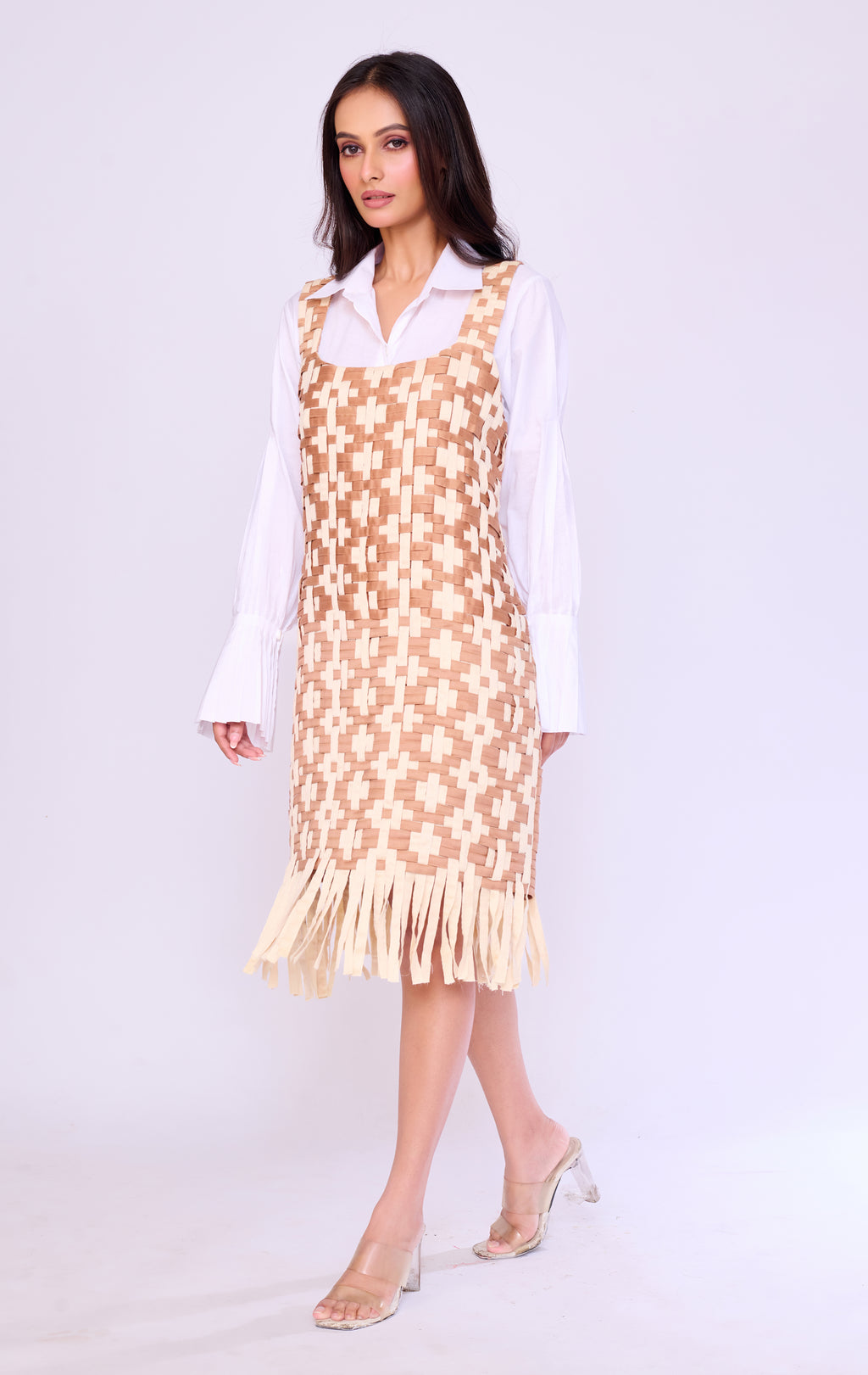 Fringed Basket-Weave Pinafore & Shirt Set