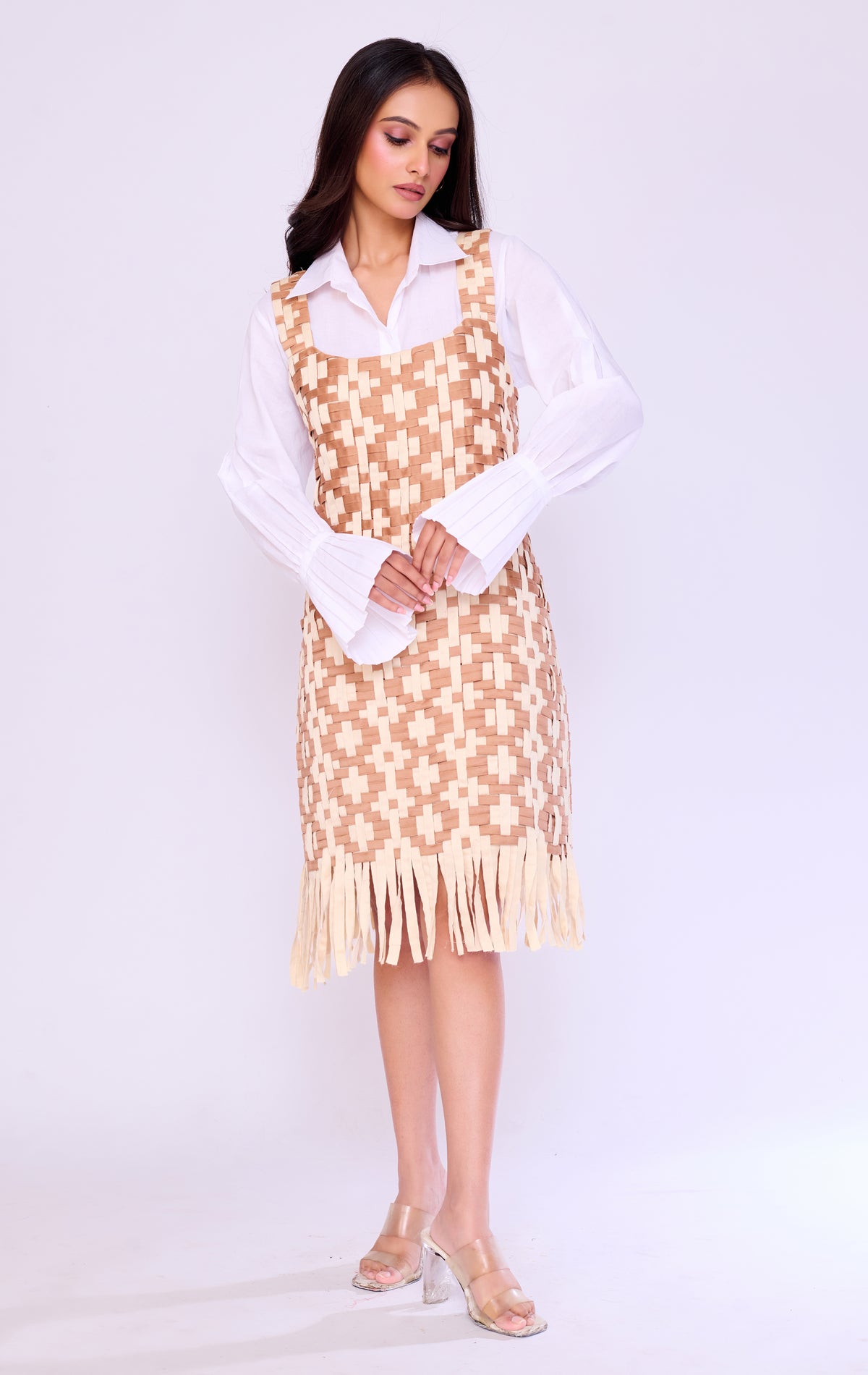 Fringed Basket-Weave Pinafore & Shirt Set