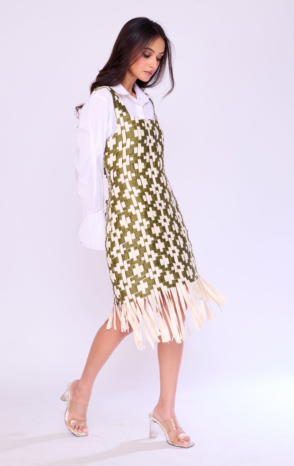 Olive Basket-Weave Pinafore & Shirt Set