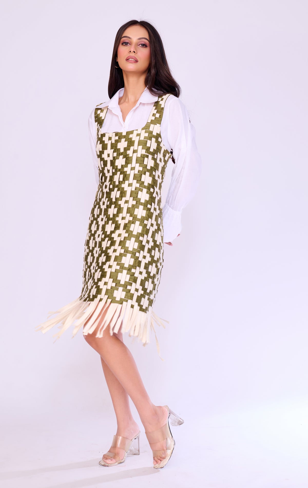 Olive Basket-Weave Pinafore & Shirt Set