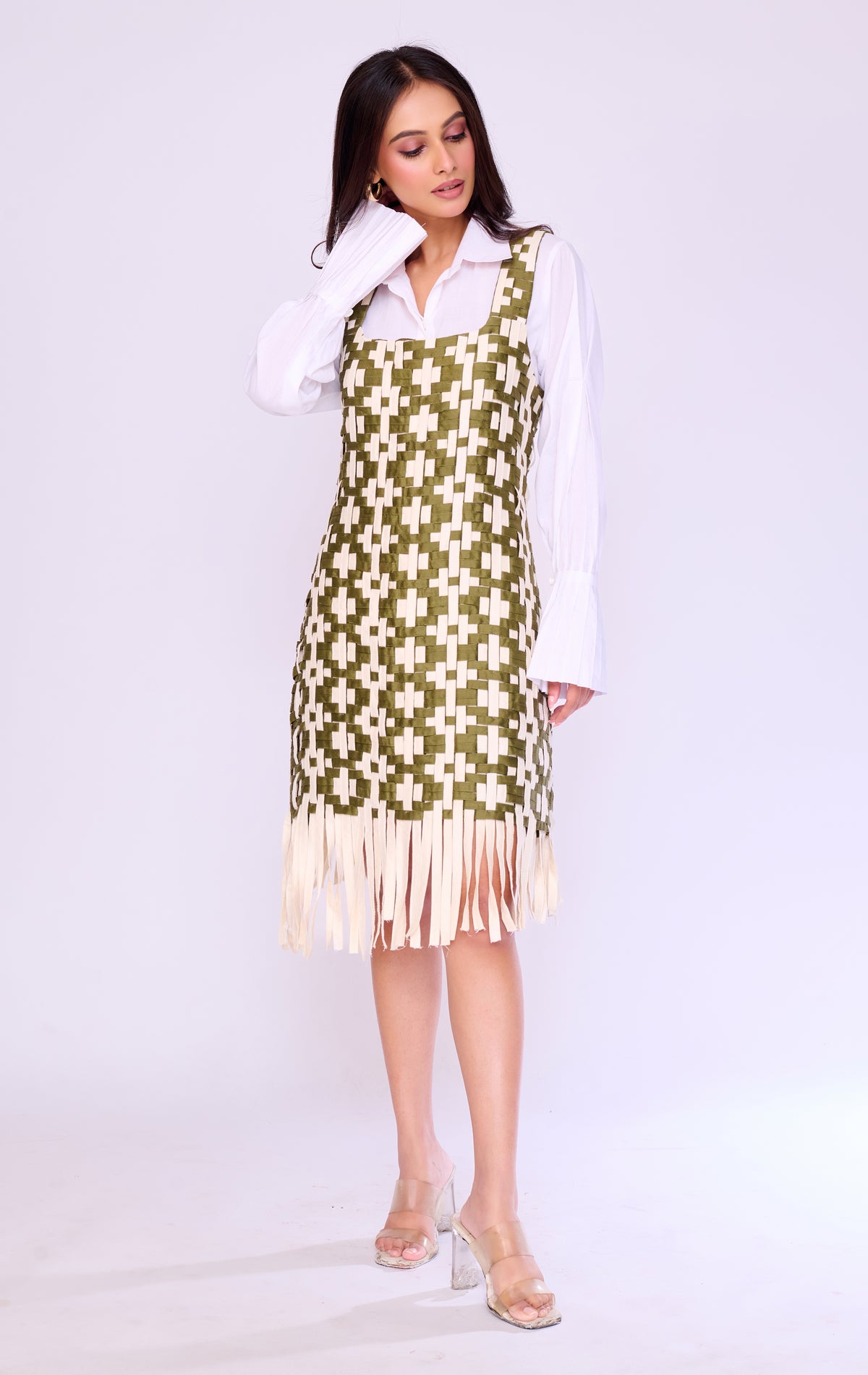 Olive Basket-Weave Pinafore & Shirt Set