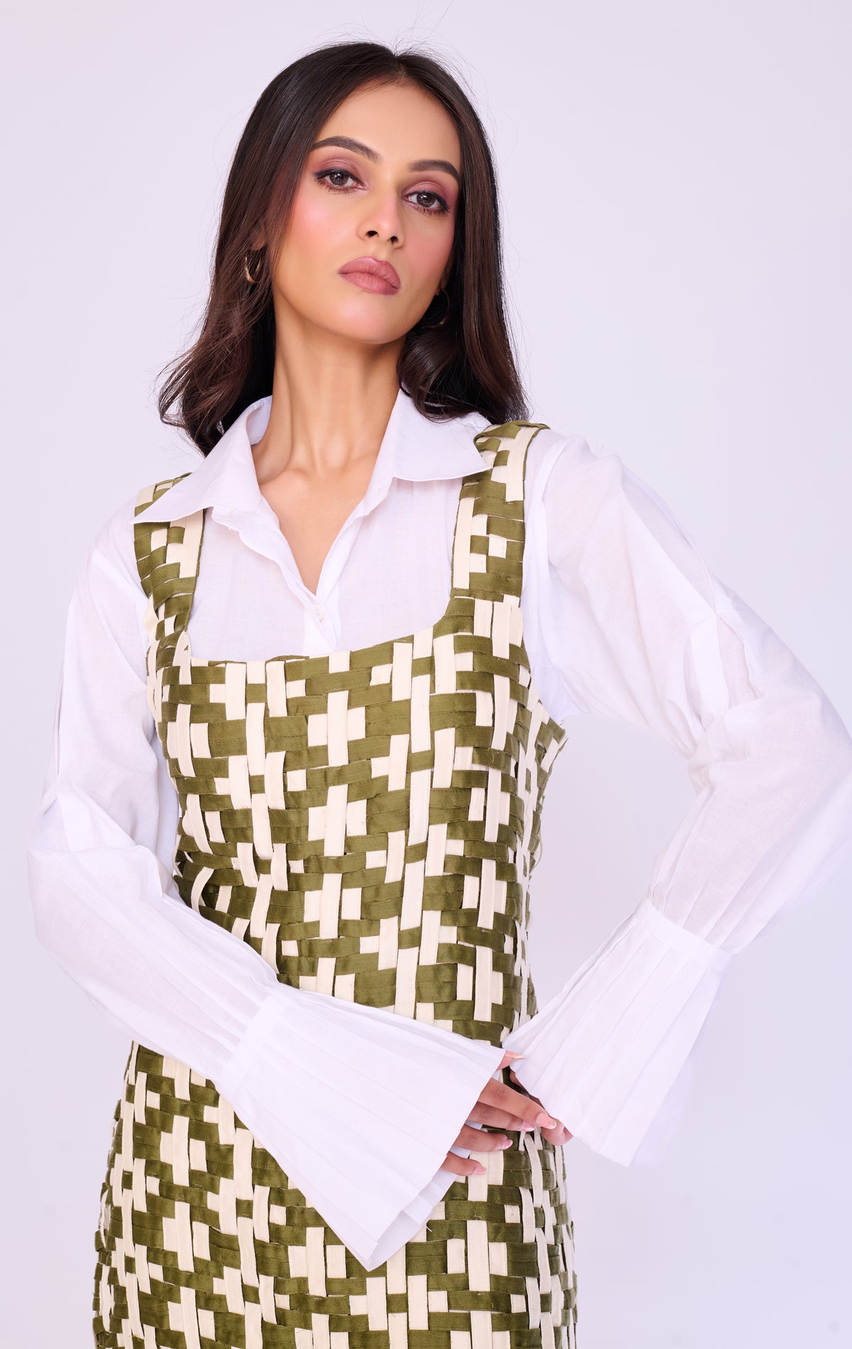 Olive Basket-Weave Pinafore & Shirt Set