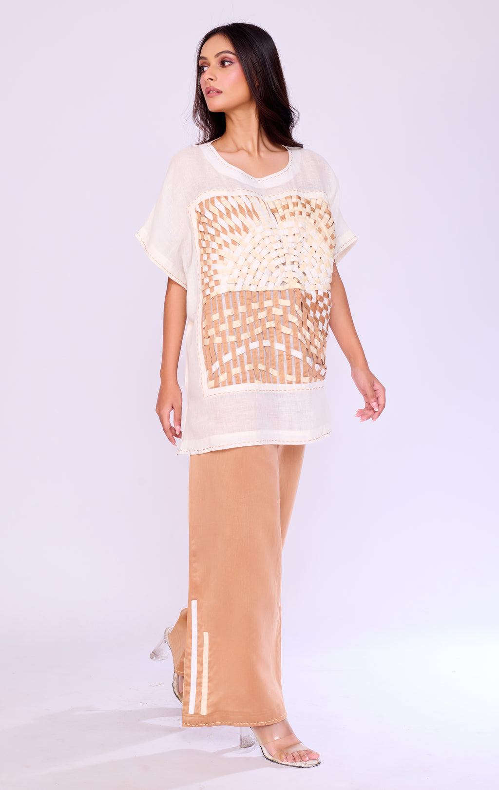 Basket-Weave Appliqué Ivory Tunic