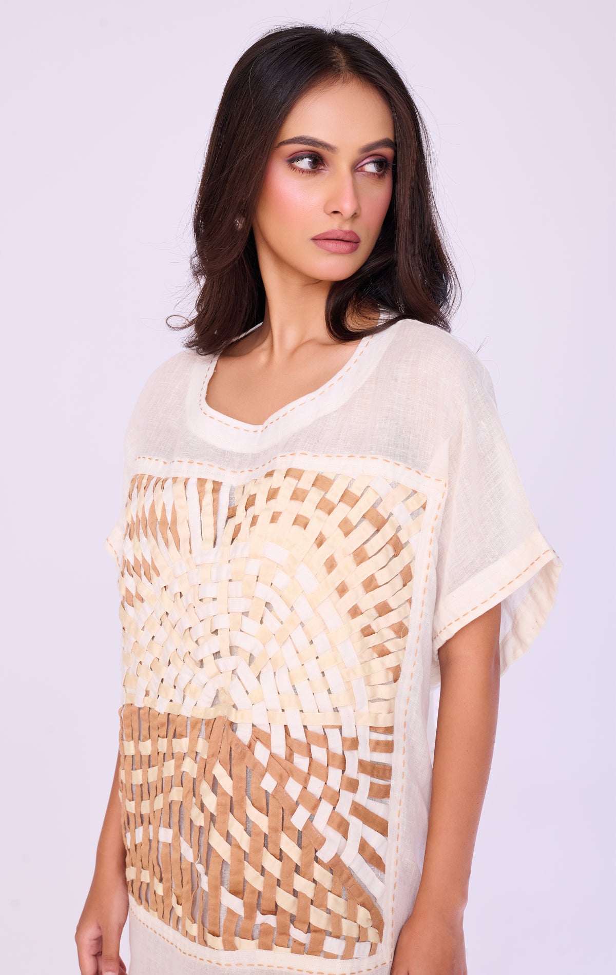 Basket-Weave Appliqué Ivory Tunic