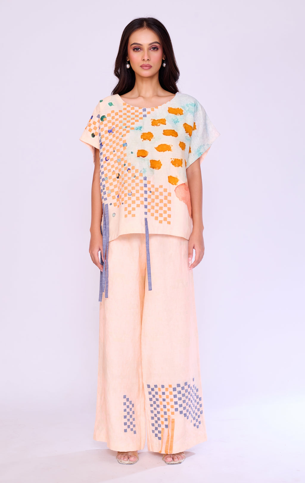 Abstract Checkerboard Peach Tunic & Trouser Set