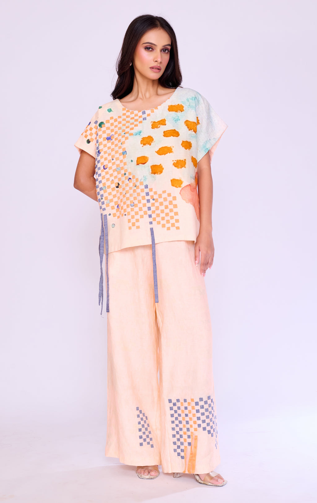Abstract Checkerboard Peach Tunic & Trouser Set