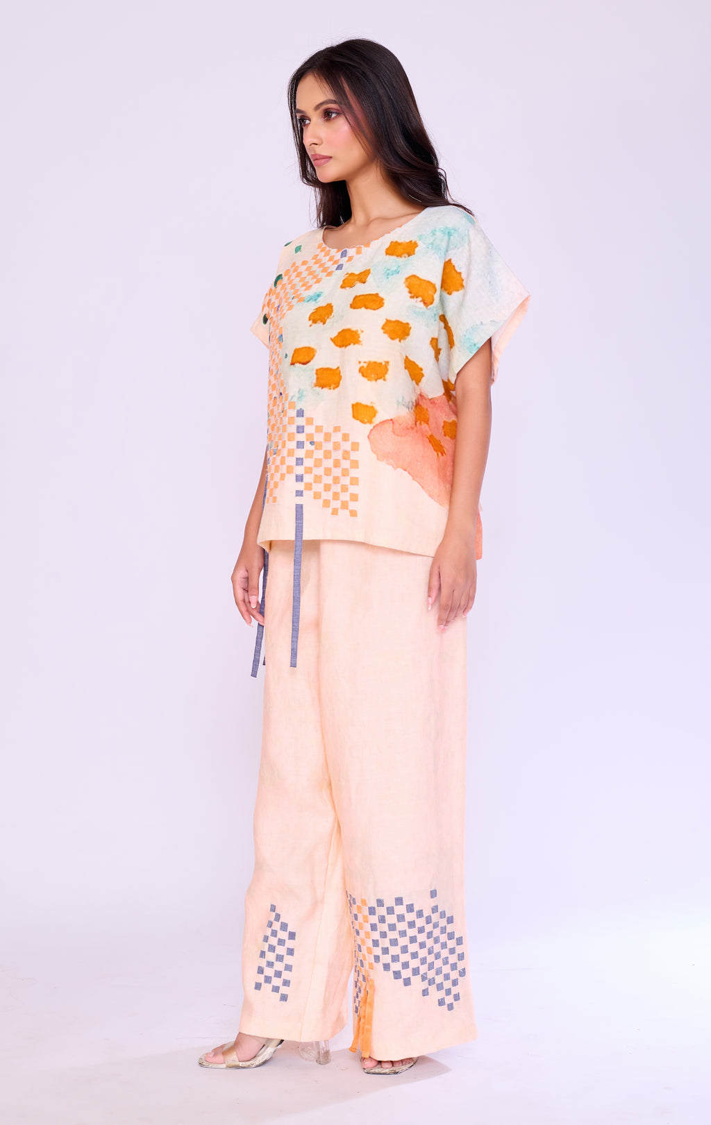 Abstract Checkerboard Peach Tunic & Trouser Set