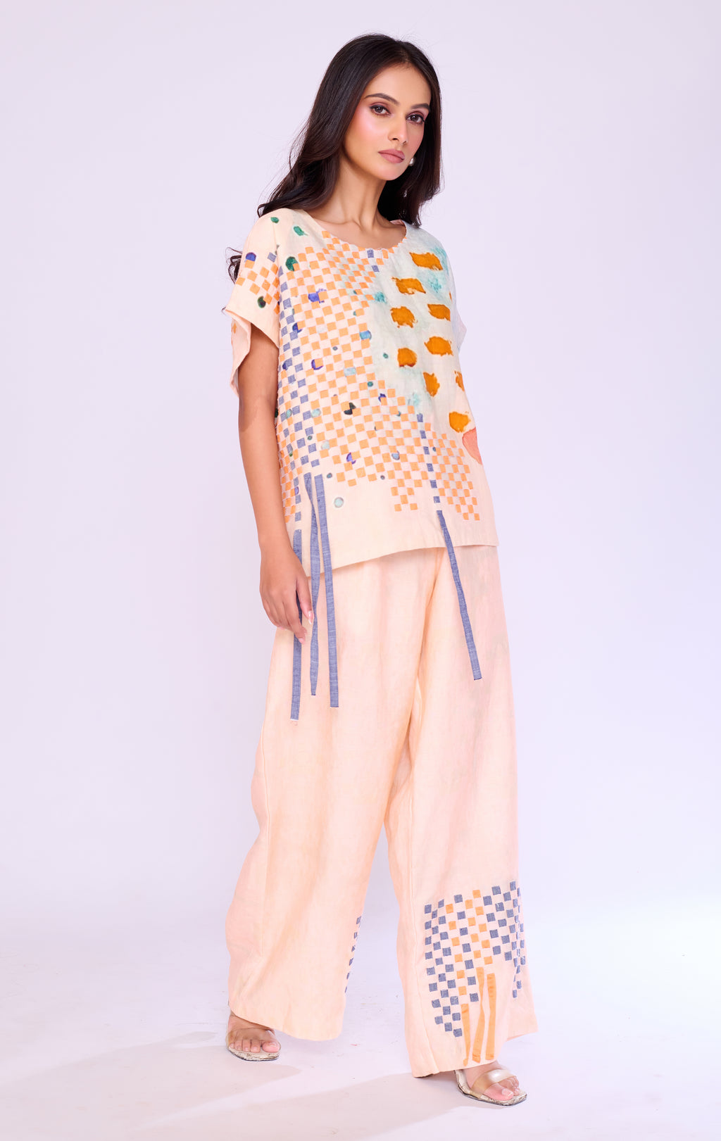 Abstract Checkerboard Peach Tunic & Trouser Set