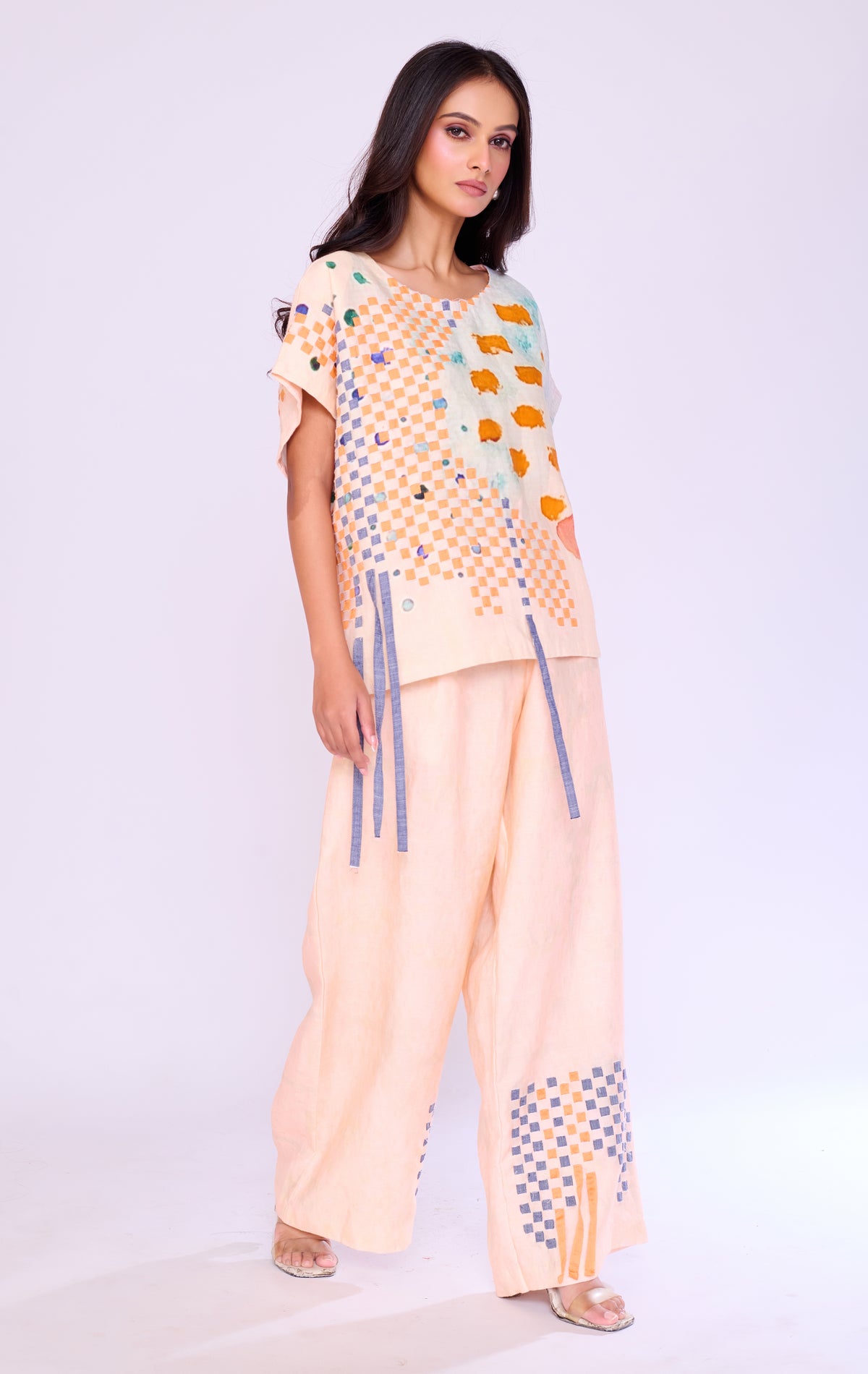 Abstract Checkerboard Peach Tunic & Trouser Set
