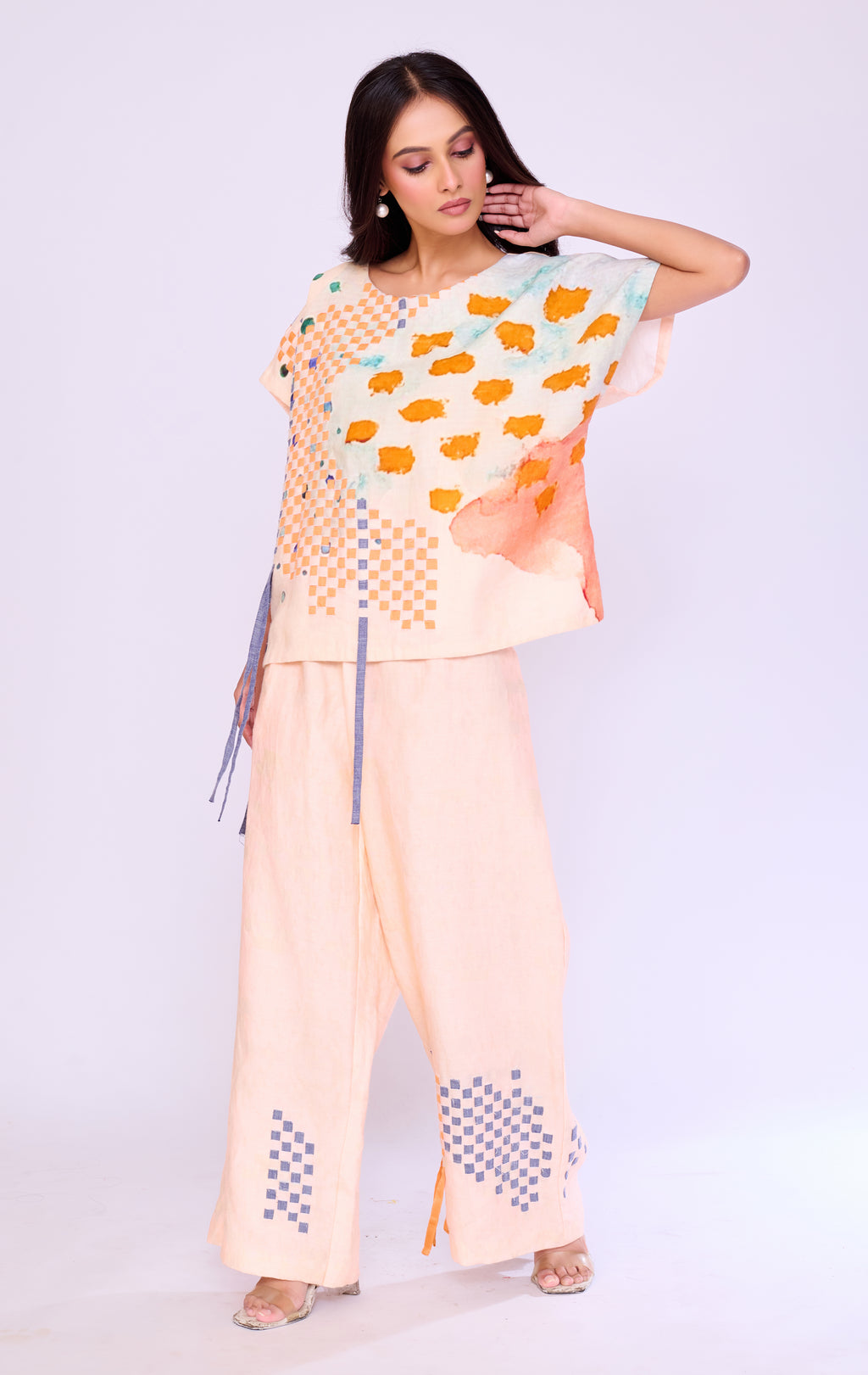 Abstract Checkerboard Peach Tunic & Trouser Set
