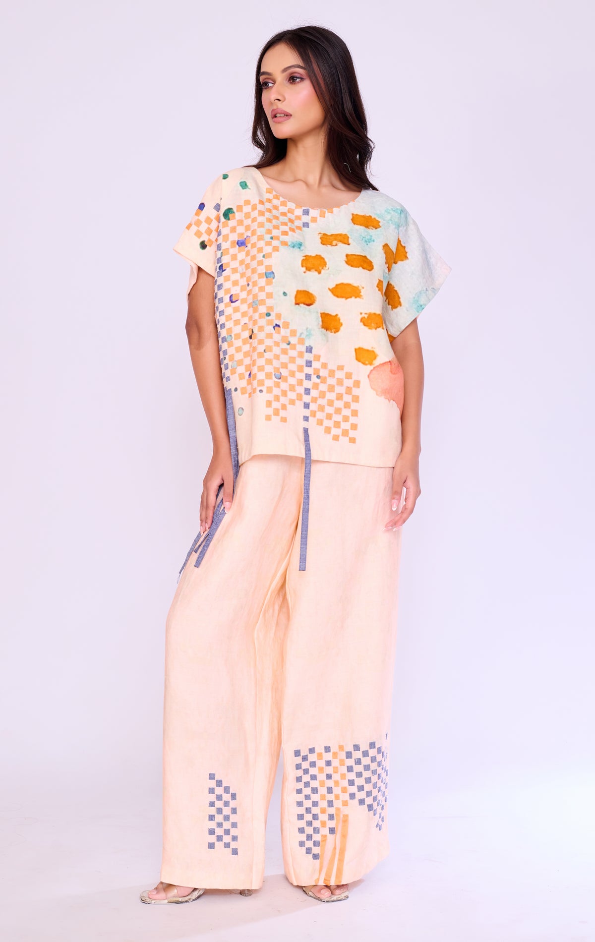 Abstract Checkerboard Peach Tunic & Trouser Set