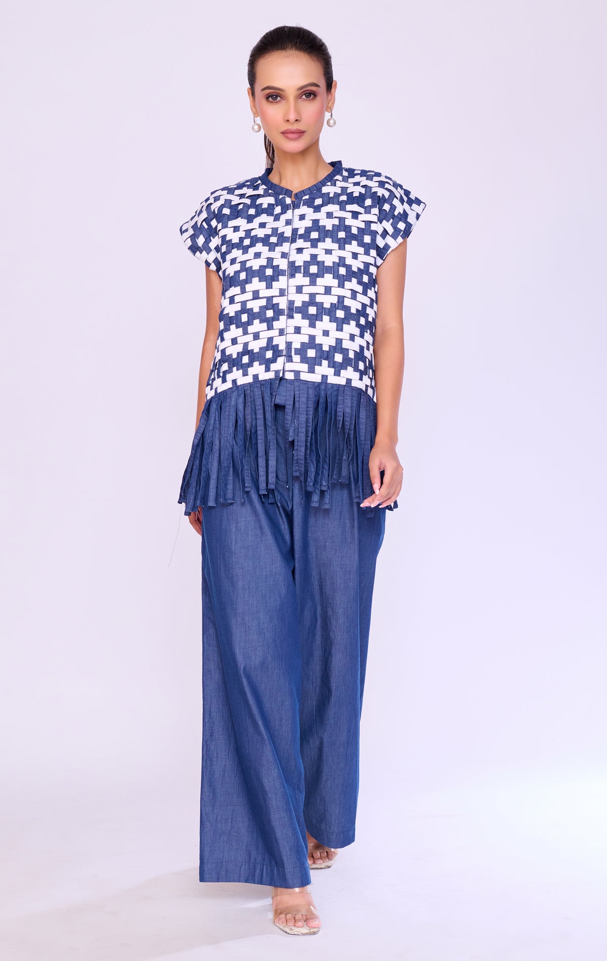Pixel-Grid Denim Jacket & Trouser Set