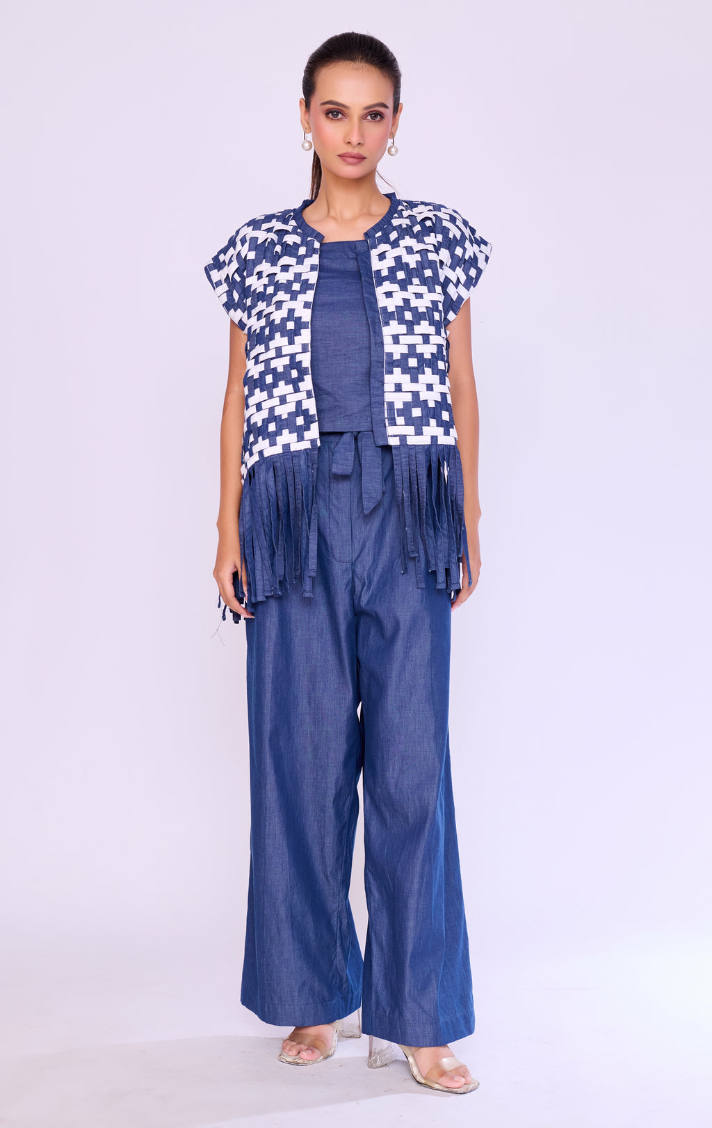 Pixel-Grid Denim Jacket & Trouser Set
