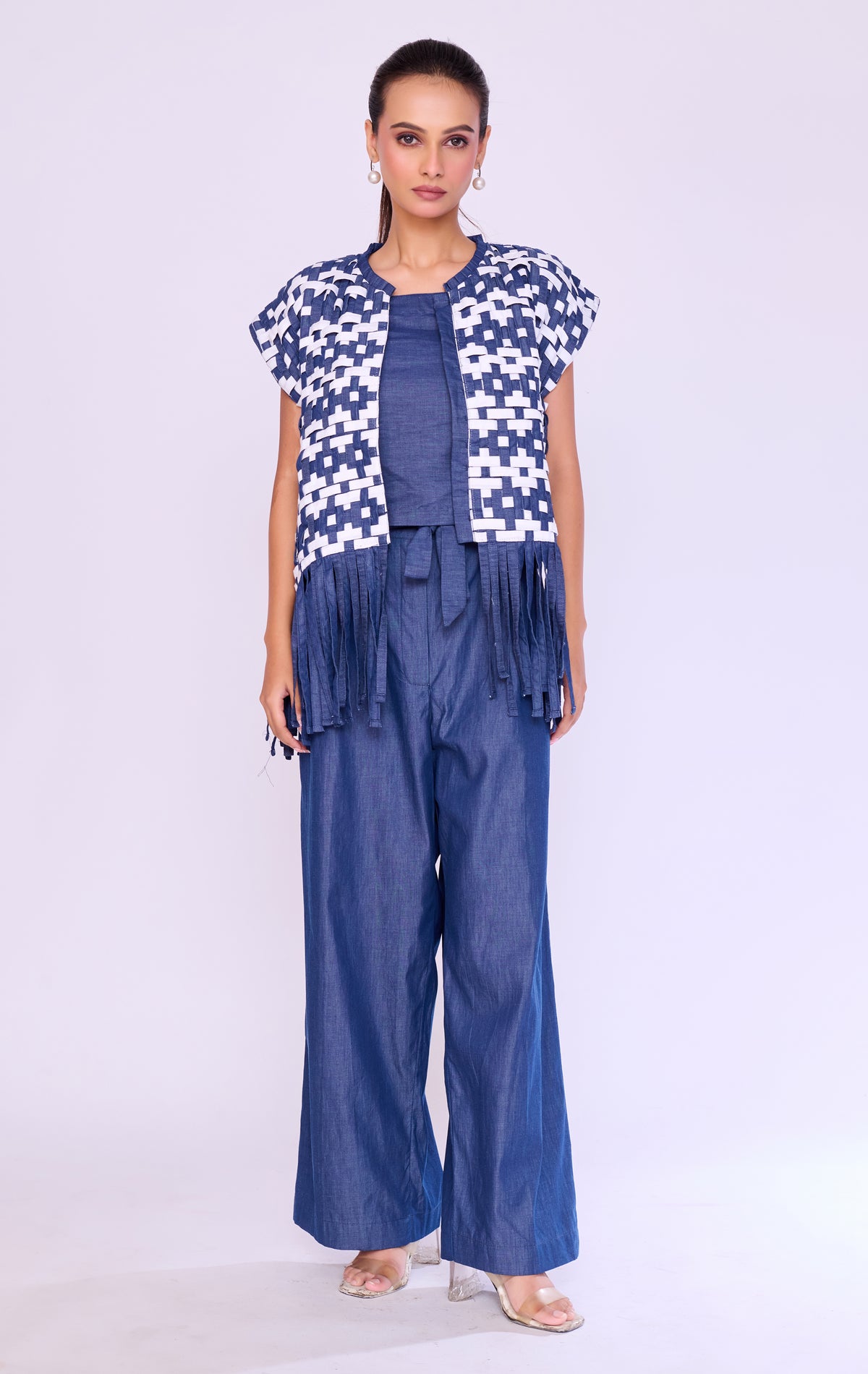 Pixel-Grid Denim Jacket & Trouser Set